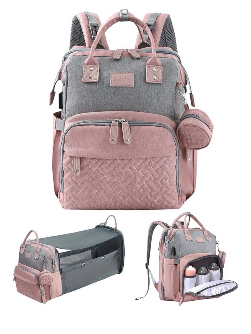 Quilted Rose Pink Baby Backpack with Front Pouch & Folding Bed